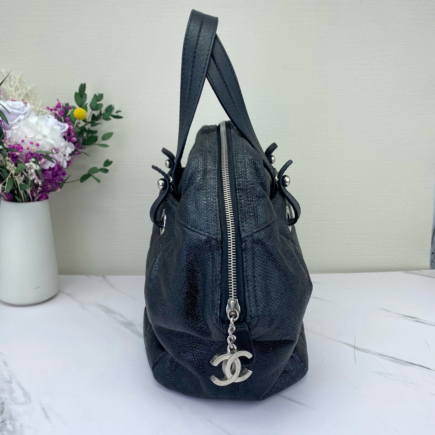 Chanel - Biarritz Boston Bag - Textured coated fabric - Black - (Medium)