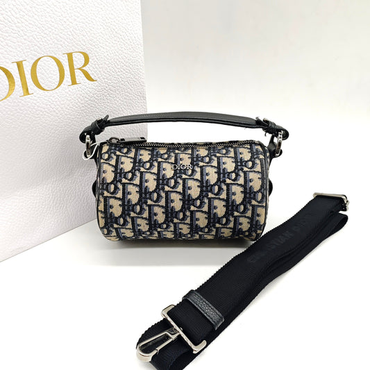 Dior - Mini Oblique Messenger Cylinder Bag - Embroidered canvas with leather trim - Beige and Blue - (mini)