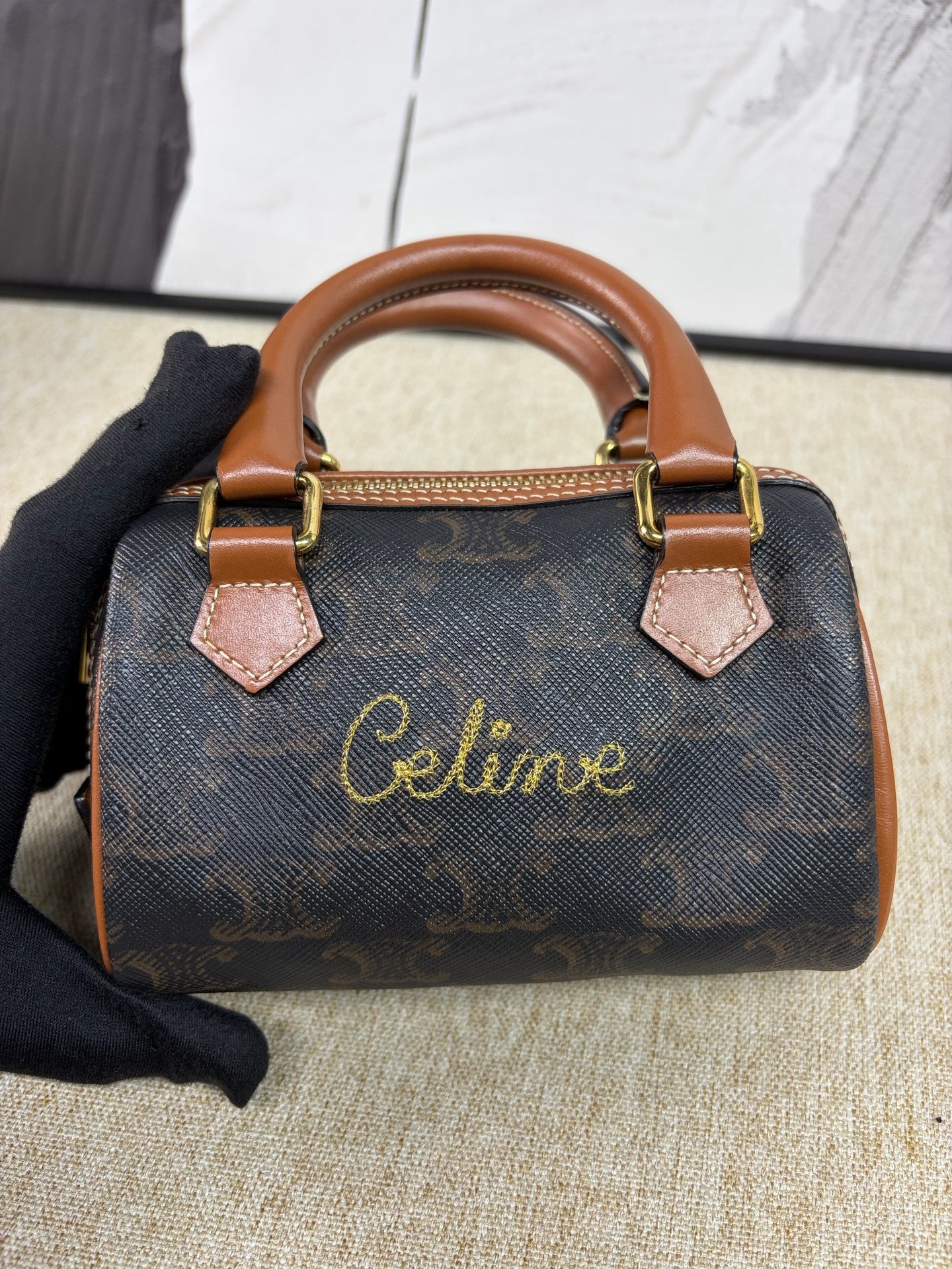 Celine - Triomphe Embroidered Mini Boston Bag - Triomphe coated canvas with leather trim - Brown - (mini)