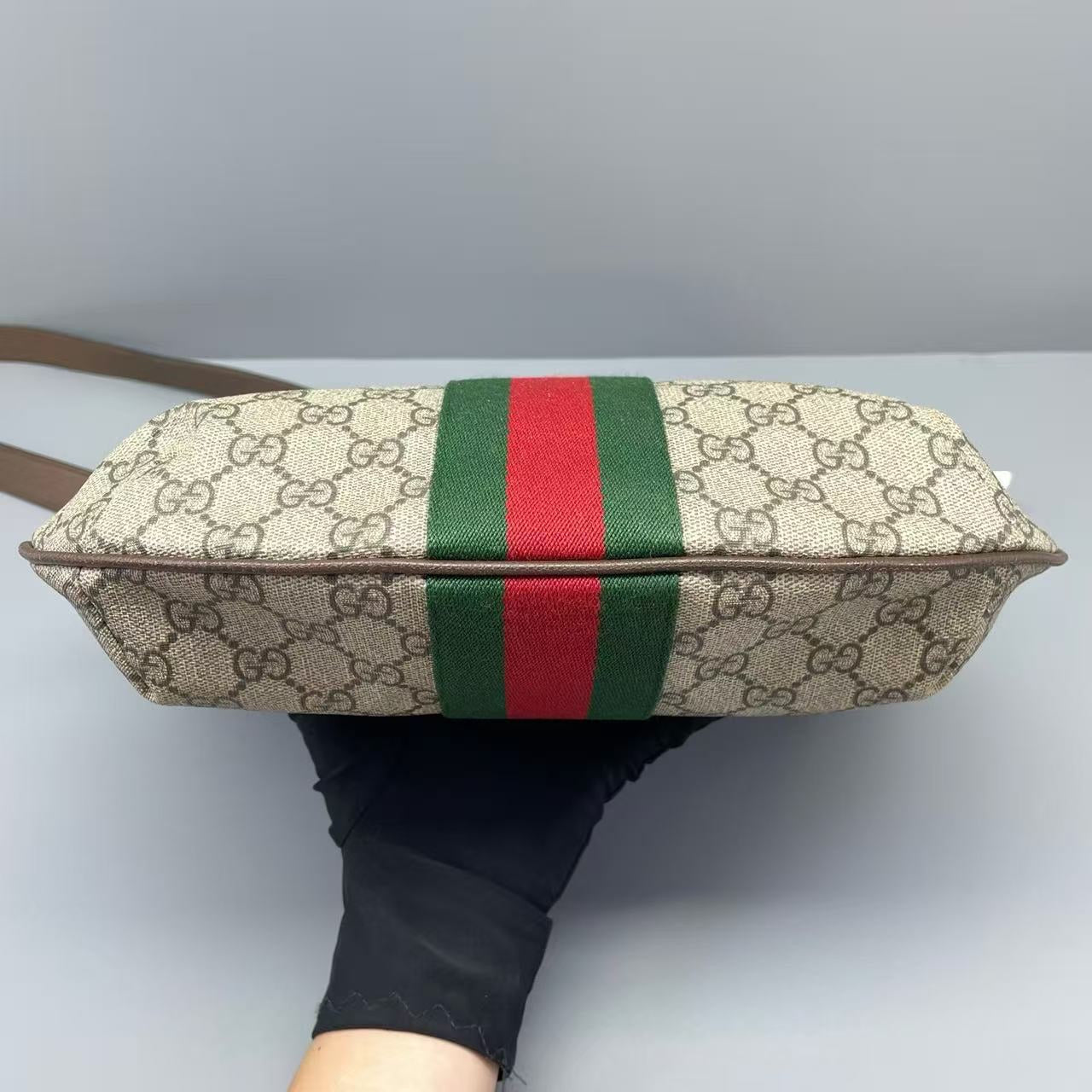Gucci - Ophidia Half Moon Crossbody Bag - GG Supreme canvas with leather trim - Beige and Ebony with Red and Green Web stripe - (medium)
