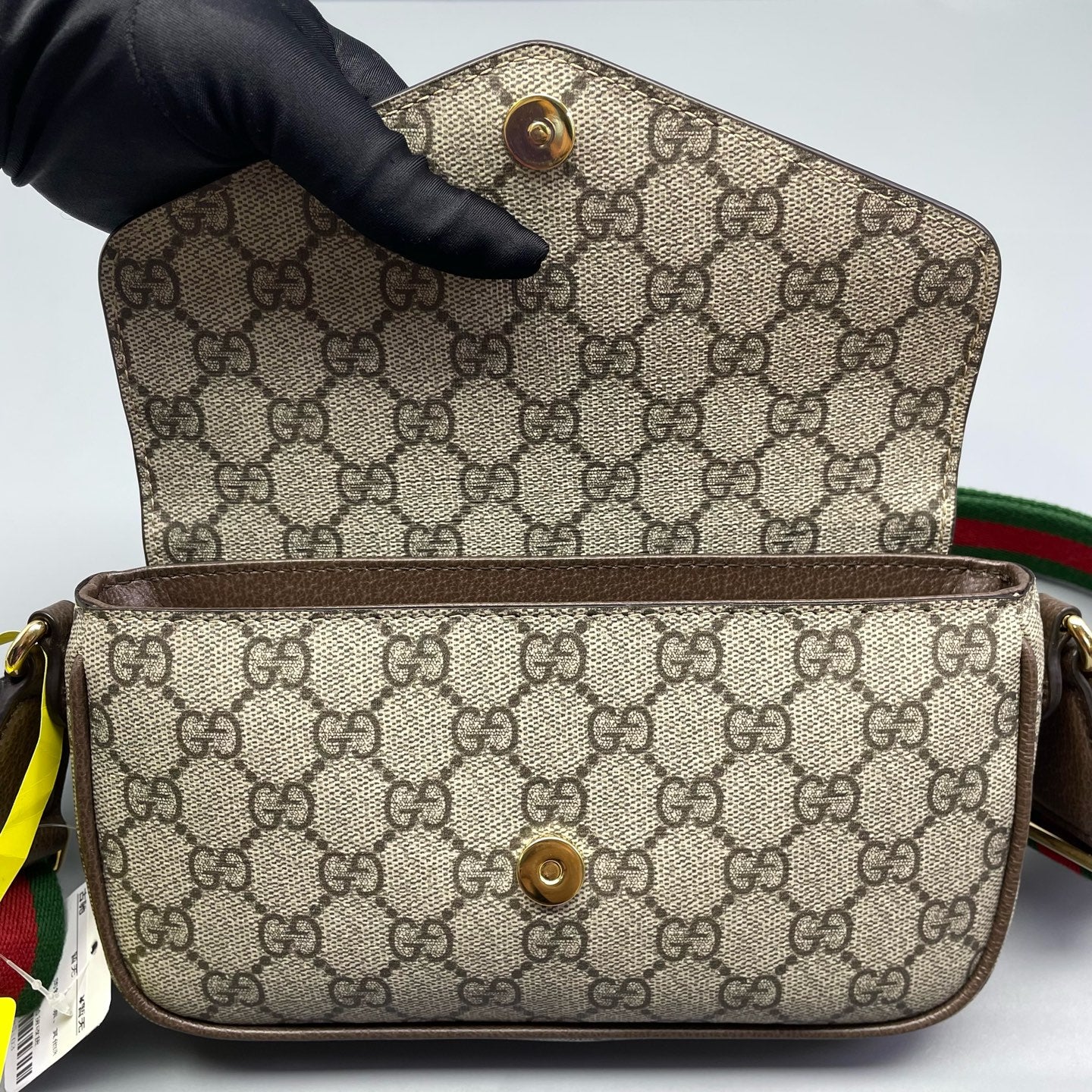 Gucci - Ophidia GG Supreme Envelope Bag - GG Supreme coated canvas with leather trim - Beige and Ebony with Red and Green Web - (mini)
