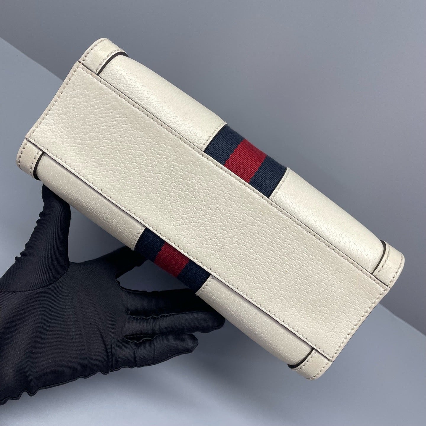 Gucci - Ophidia Small Tote Bag - Grained leather - White with Red and Blue Web stripe - (Small)
