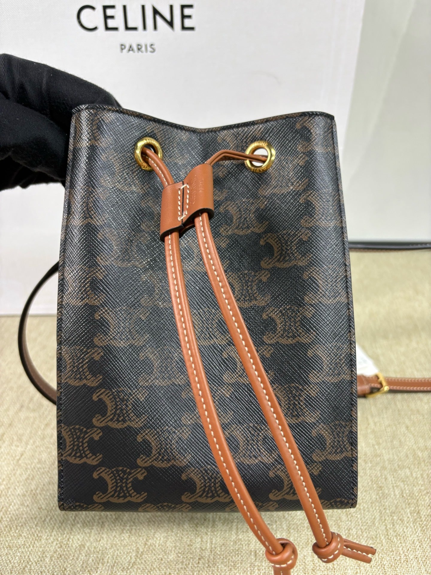 Celine - Sailor Bucket Bag - Triomphe coated canvas with calfskin leather trim and canvas lining - Black and Brown - (mini)