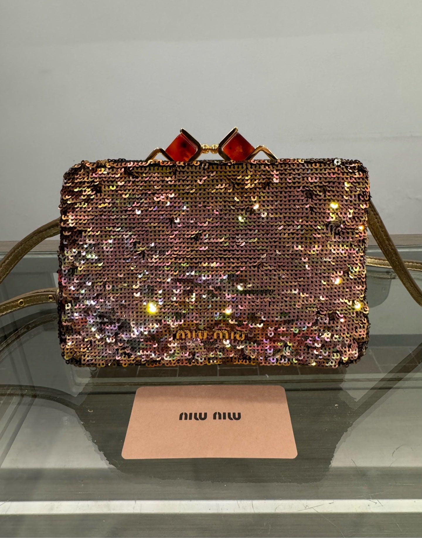 Miu Miu - Sequined Runway Shoulder Bag with Gemstone Clasp - Sequins on textile with leather trim and gold-tone metal frame - Multicolour (predominantly pink and gold iridescent sequins) - (mini)