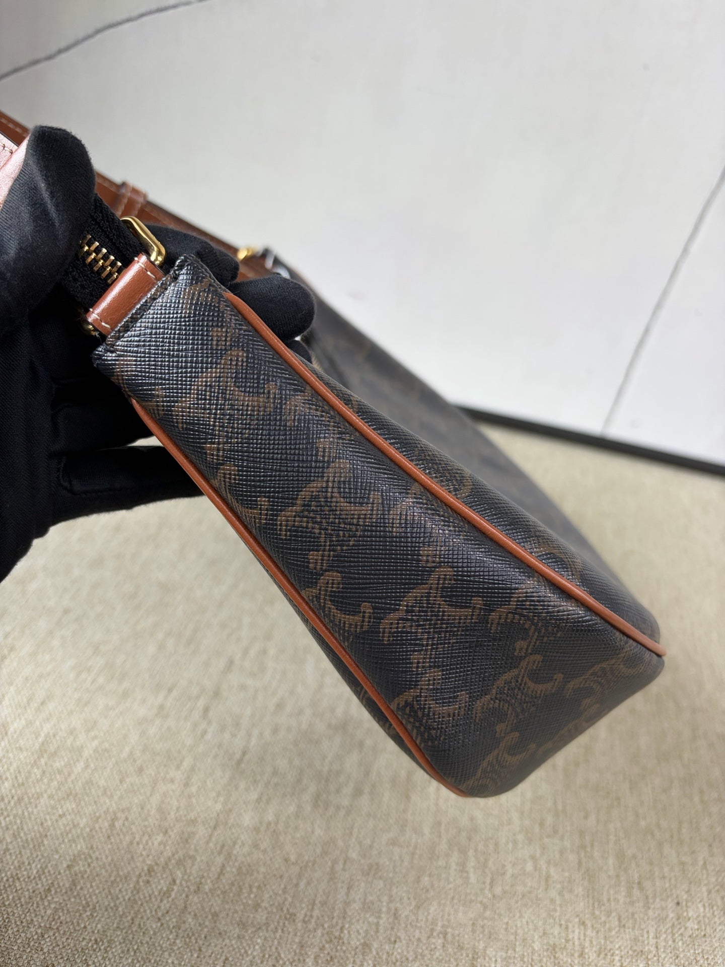 Celine - AVA Classic Triomphe Shoulder Bag - Triomphe coated canvas with calfskin leather trim - Brown - (mini)