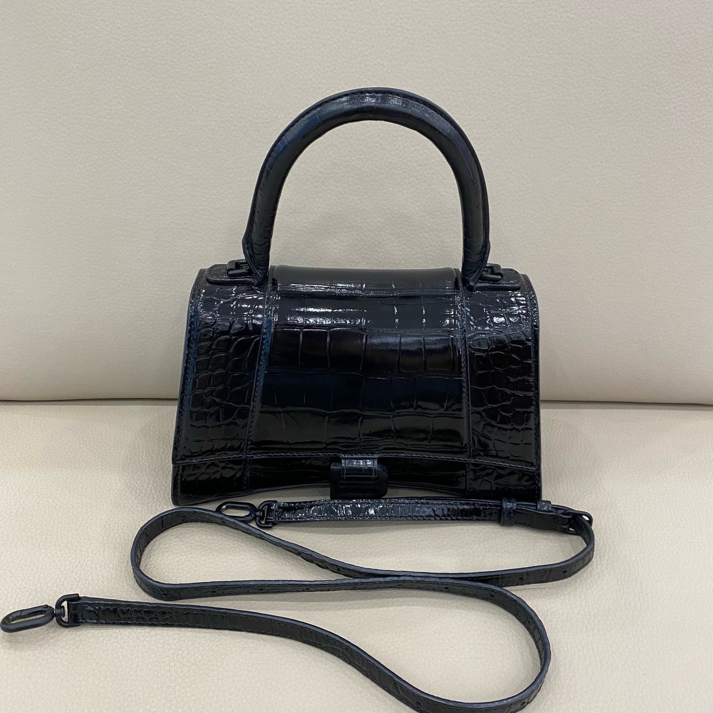 Balenciaga - Hourglass Bag - Crocodile embossed patent leather - Black - (small)