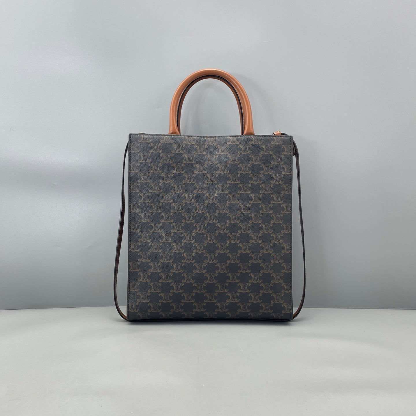 Celine - Small Vertical Cabas Triomphe Canvas with Celine Print - Coated canvas with leather trim - Brown - (small)