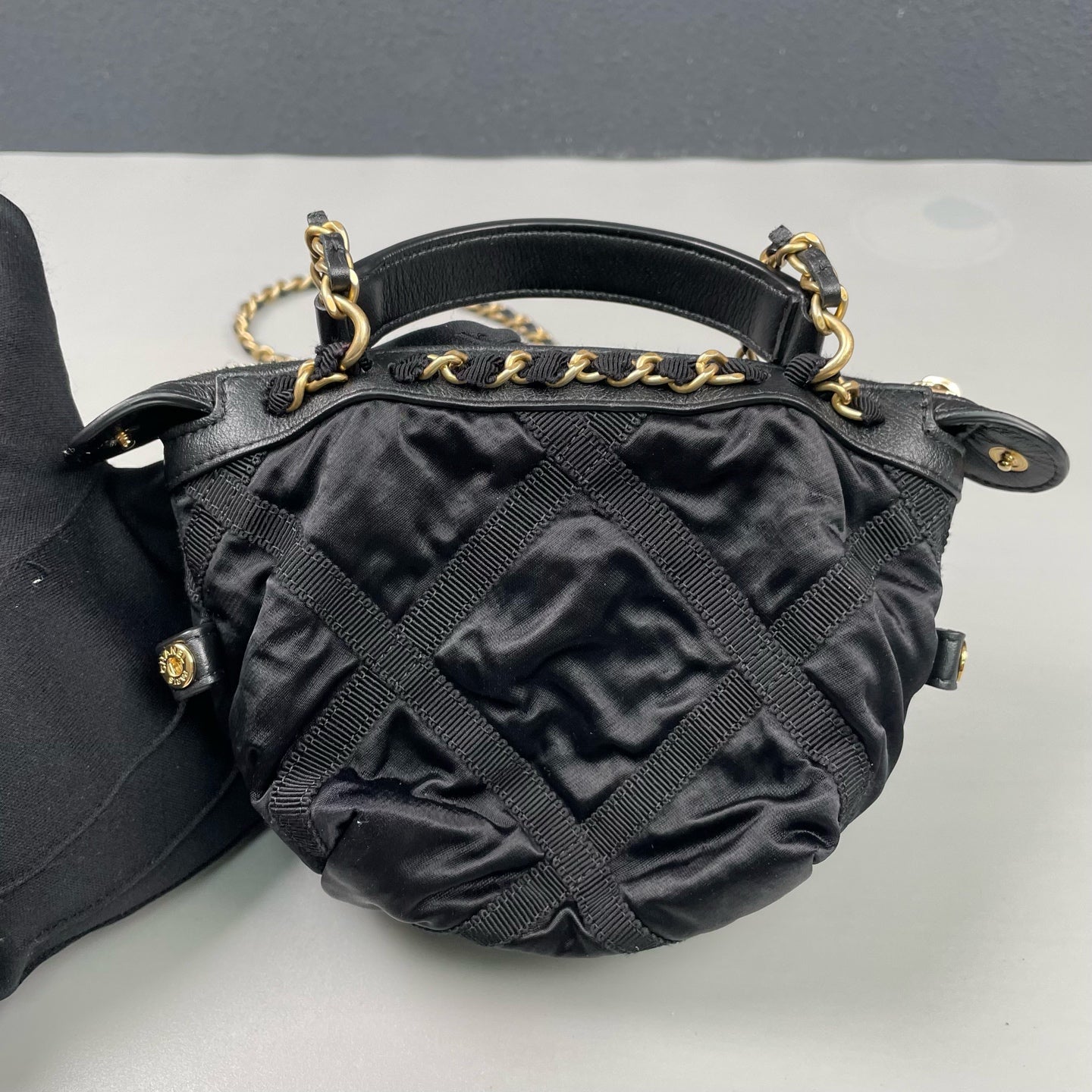 Chanel - Mini Top Handle Crossbody Pouch Bag - Satin with leather trim - Black with Gold-Tone Hardware - (Mini)