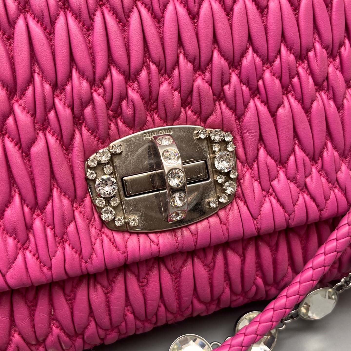 Miu Miu - Ruched Gemstone Chain Flap Shoulder Bag - Leather - Pink - (Medium)