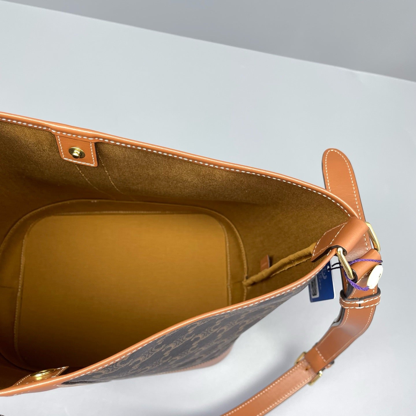 Celine - Triomphe Canvas Medium Bucket Bag - Triomphe coated canvas with calfskin leather trim - Brown - (Medium)