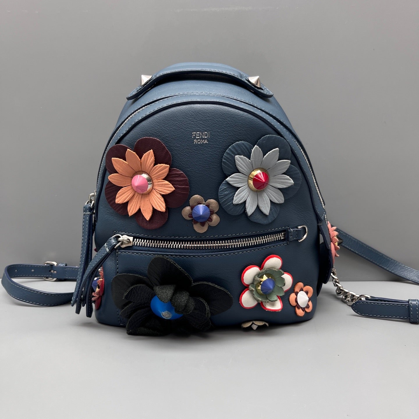 Fendi - Floral Studded Backpack (Model: 8BZ039-84T) - Leather - Navy - (mini)