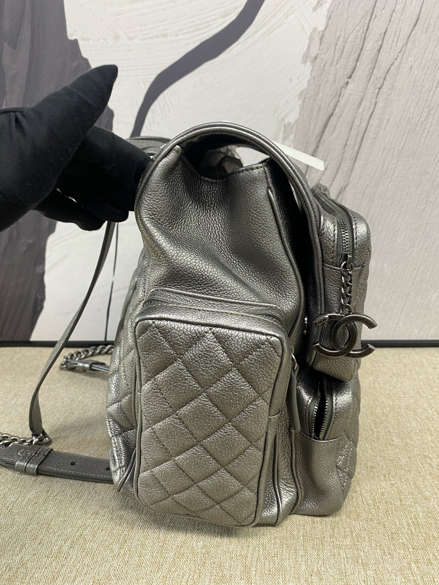 Chanel - Multi-Pocket Biker Backpack - Grained calfskin leather - Silver - (medium)
