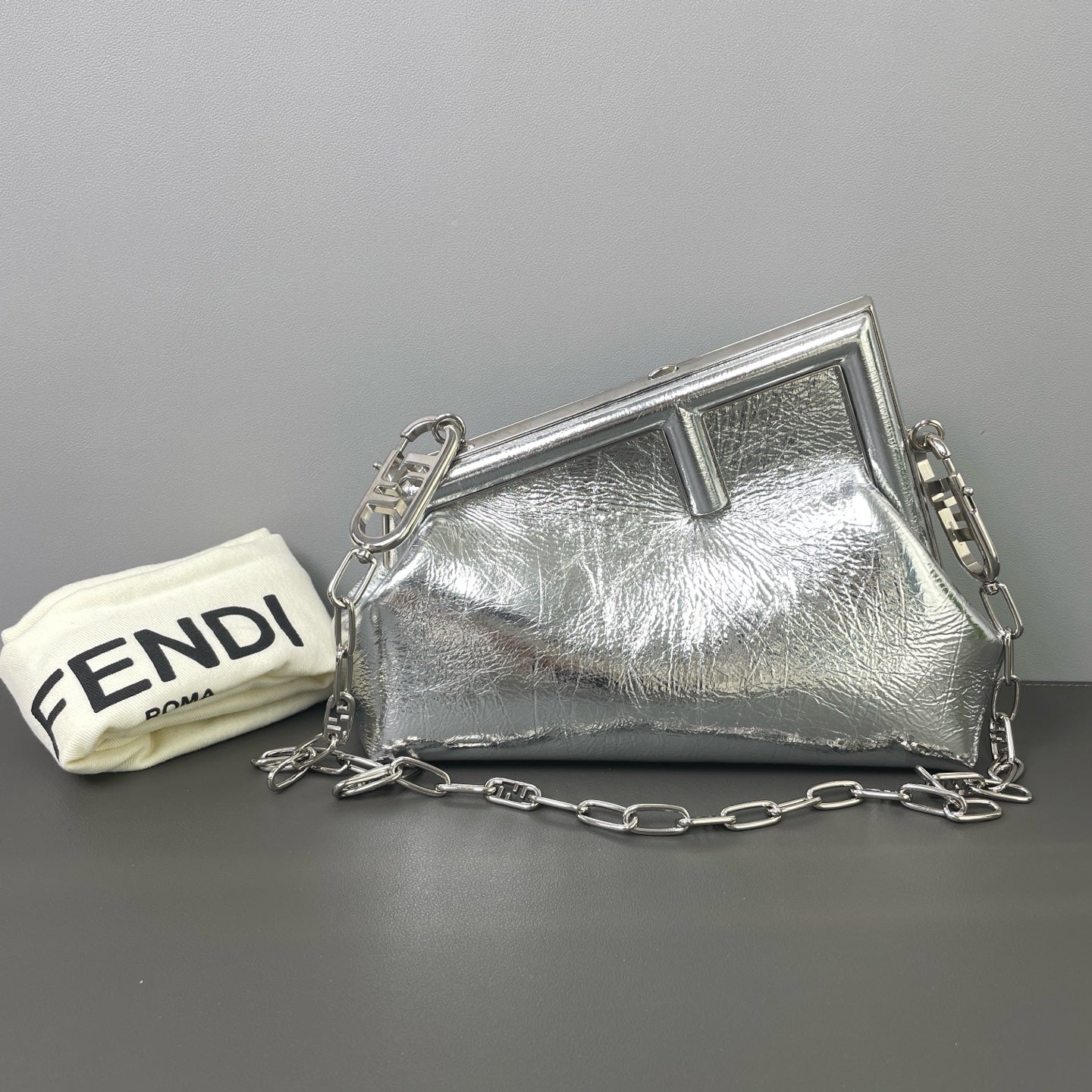Fendi - First - Laminated leather with crackle effect - Silver - (small)