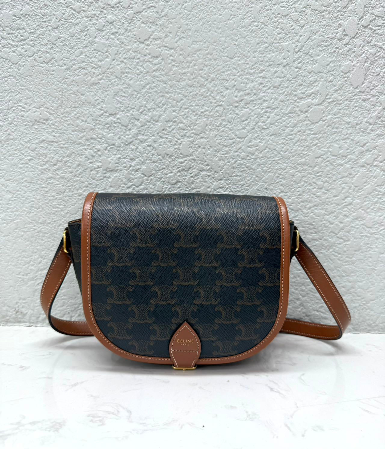 Celine - Triomphe Saddle Bag - Coated canvas with leather trim - Brown - (medium)