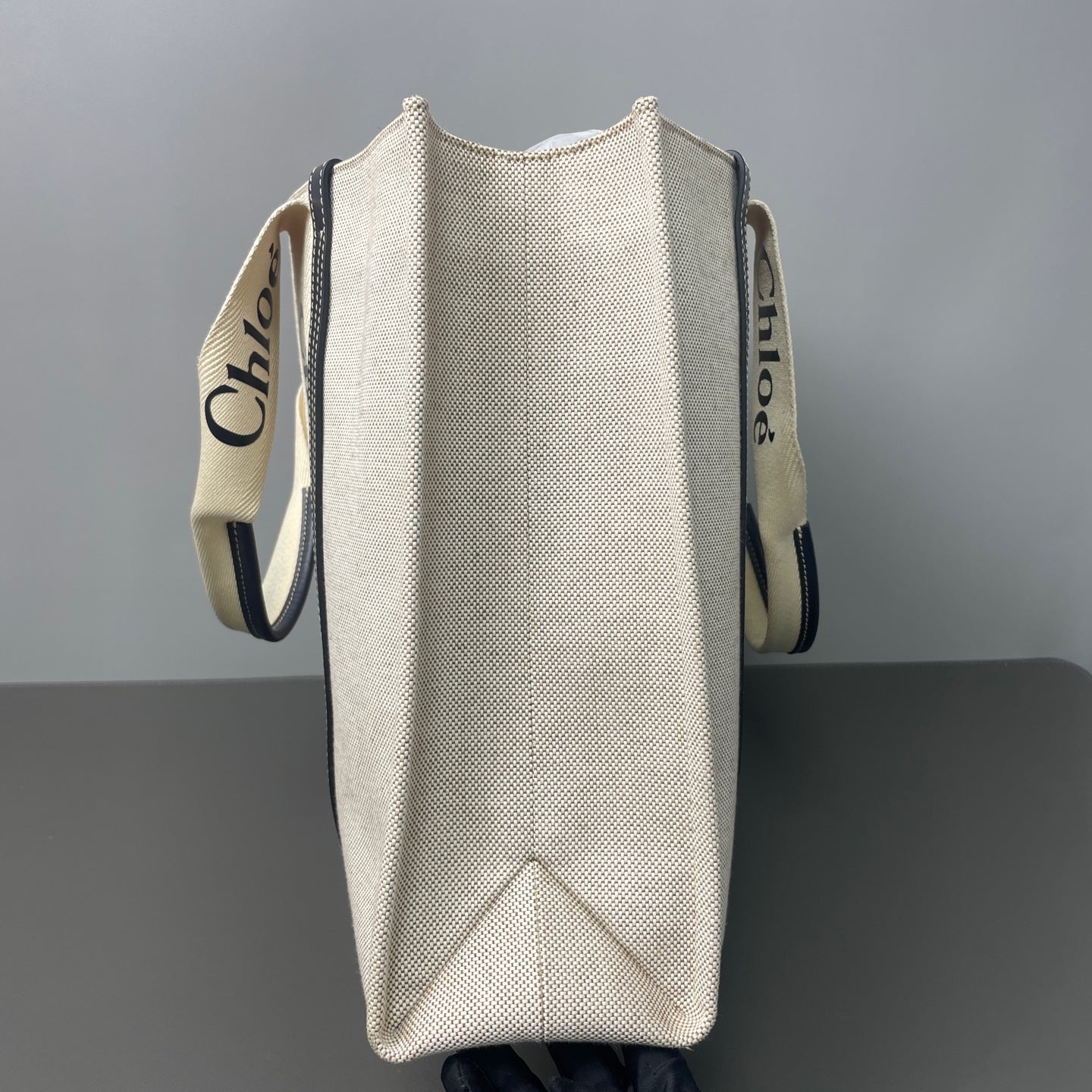 Chloé - Woody Tote Bag - Linen canvas with leather trim - Beige with Black accents - (large)