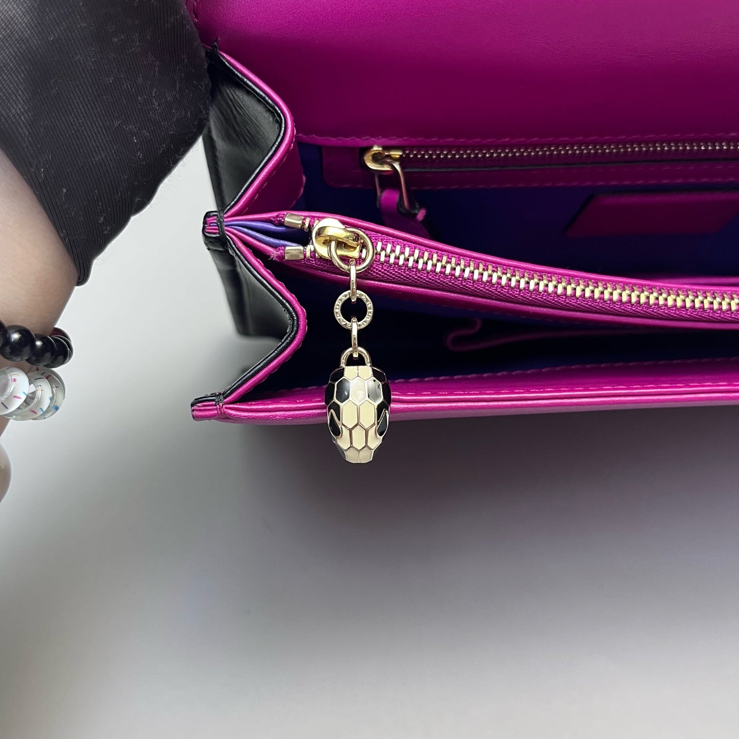 Bvlgari - Serpenti Forever Flap Bag with Studs - Smooth calf leather - Vibrant Magenta with Black Accents and Gold-Tone Hardware - (Medium)
