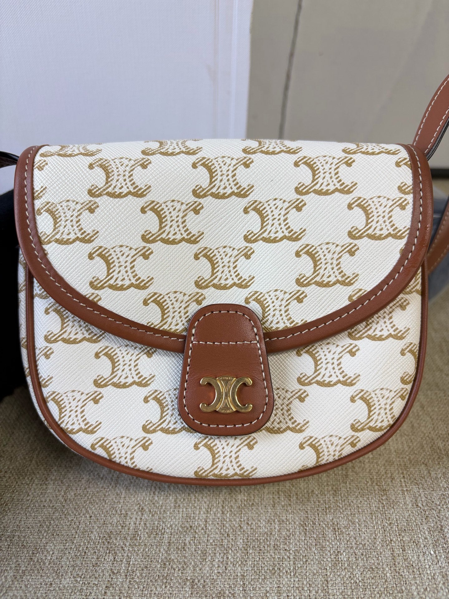 Celine - Triomphe Mini Saddle Bag - Coated canvas with leather trim - Beige and Brown - (mini)