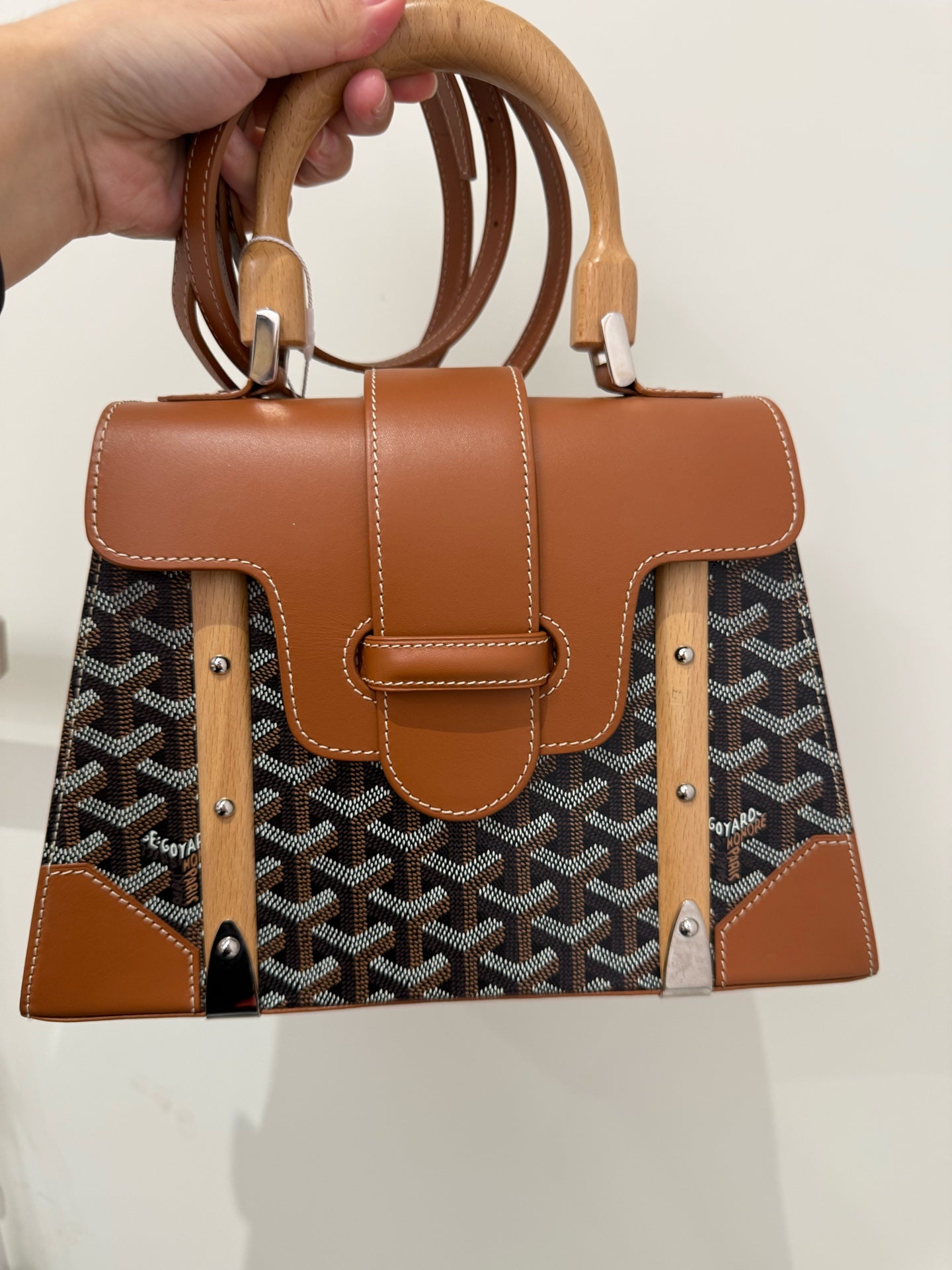 Goyard - Saigon PM (Petit Modèle) with Bandouliere - Goyardine canvas with leather trim and wooden handle - Brown (Goyardine monogram) with Caramel leather - (Small)