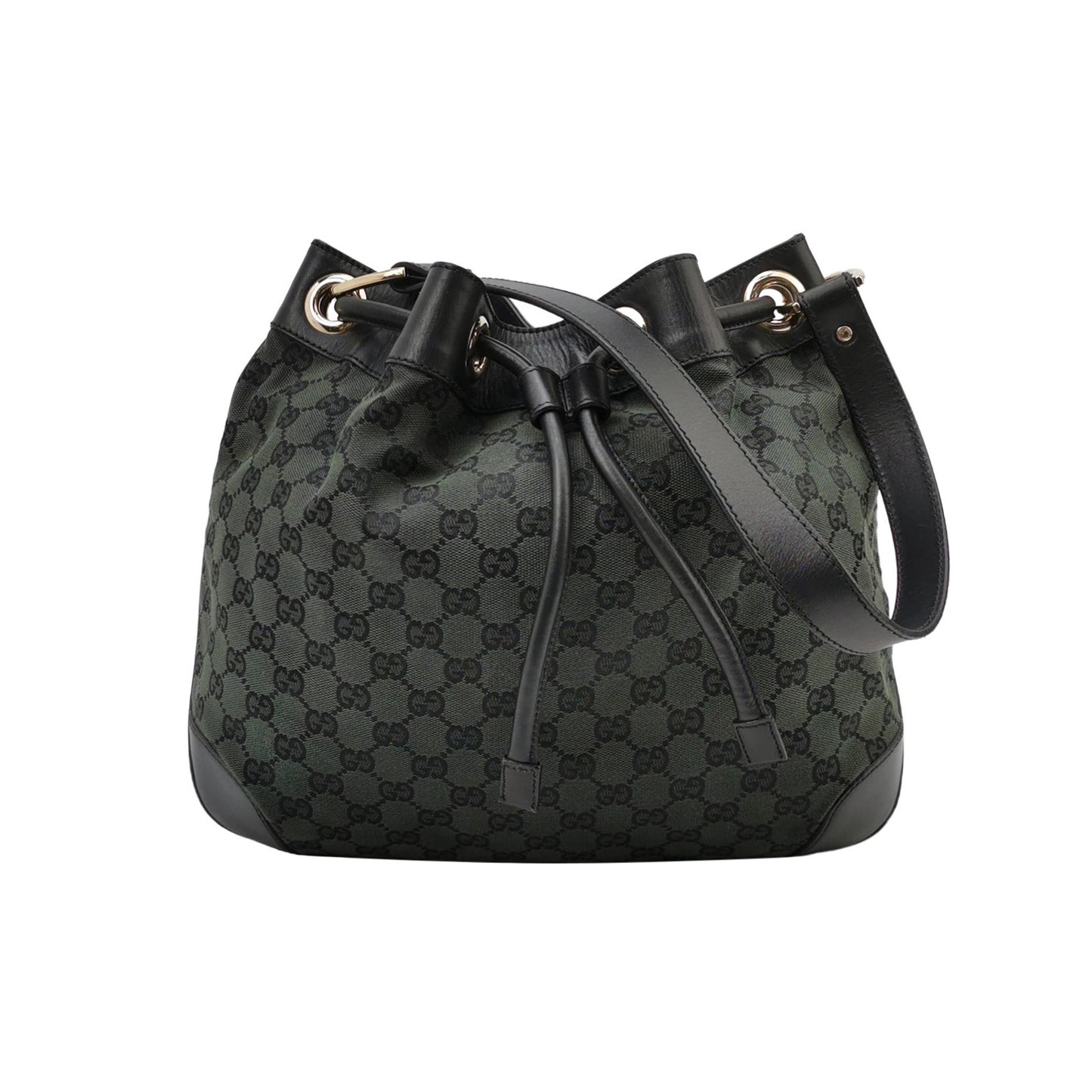 Gucci - GG Monogram Canvas Drawstring Bucket Bag - Canvas with leather trim - Dark Green with Black Trim - (Medium)