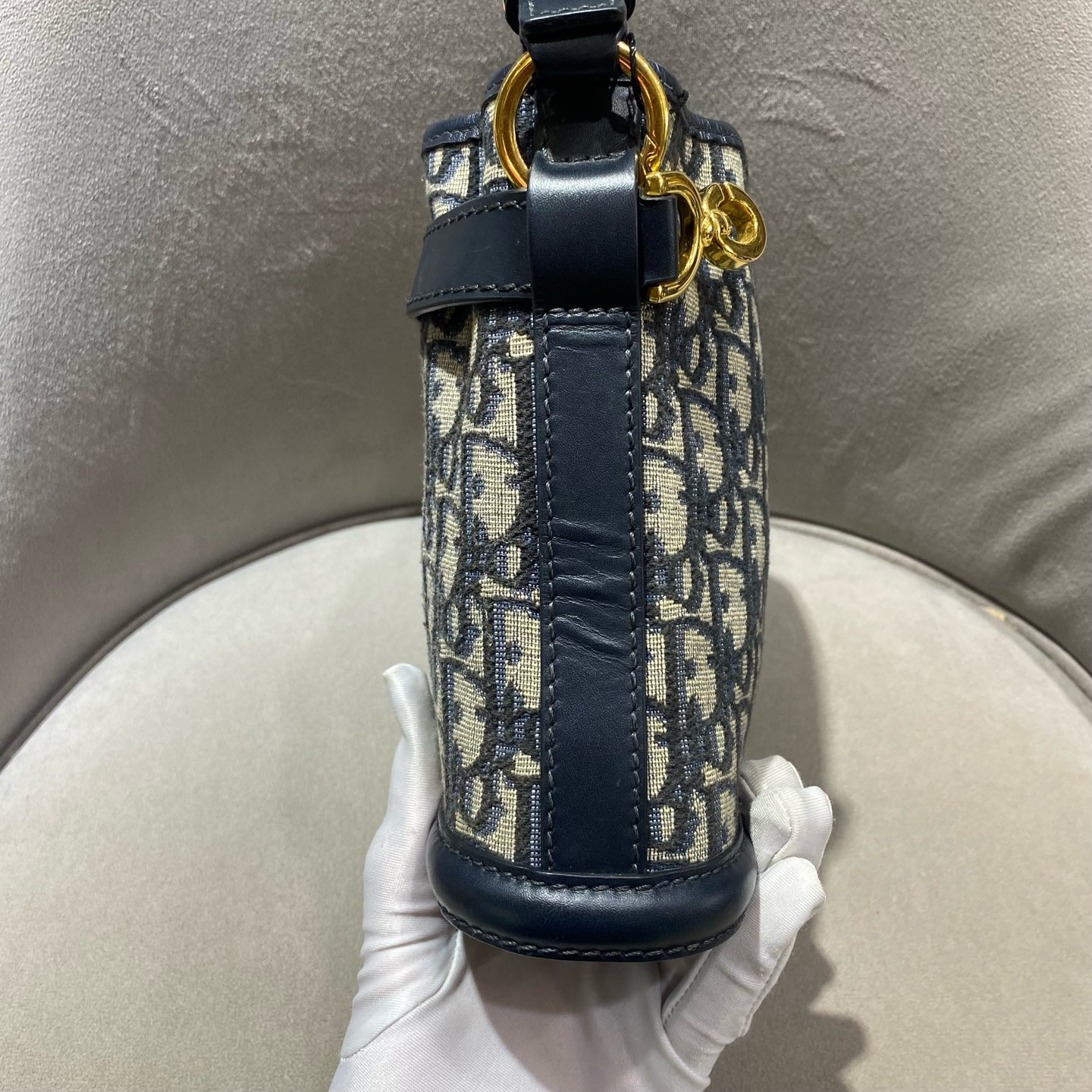 Dior - Dior Oblique Embroidered Mini Bucket Bag - Embroidered canvas with calfskin leather trim - Navy - (mini)