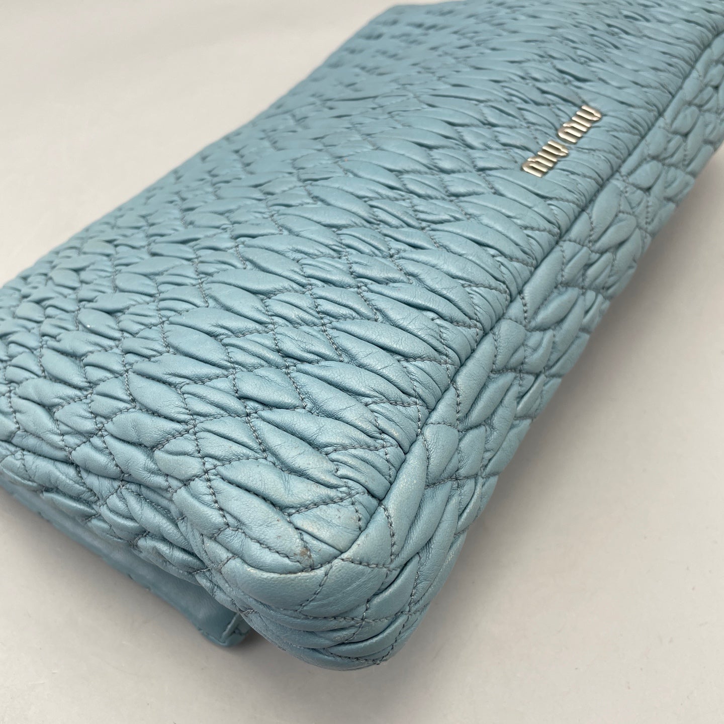 Miu Miu - Matelassé Gemstone Chain Pleated Bag - Leather - Blue - (medium)