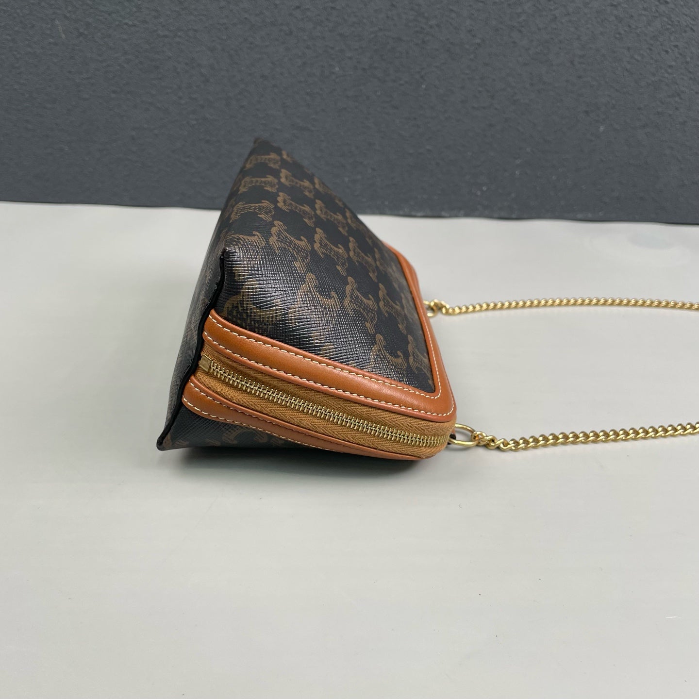 Celine - Triomphe Monogram Shell Chain Bag - Triomphe coated canvas with tan leather trim - Brown - (mini)