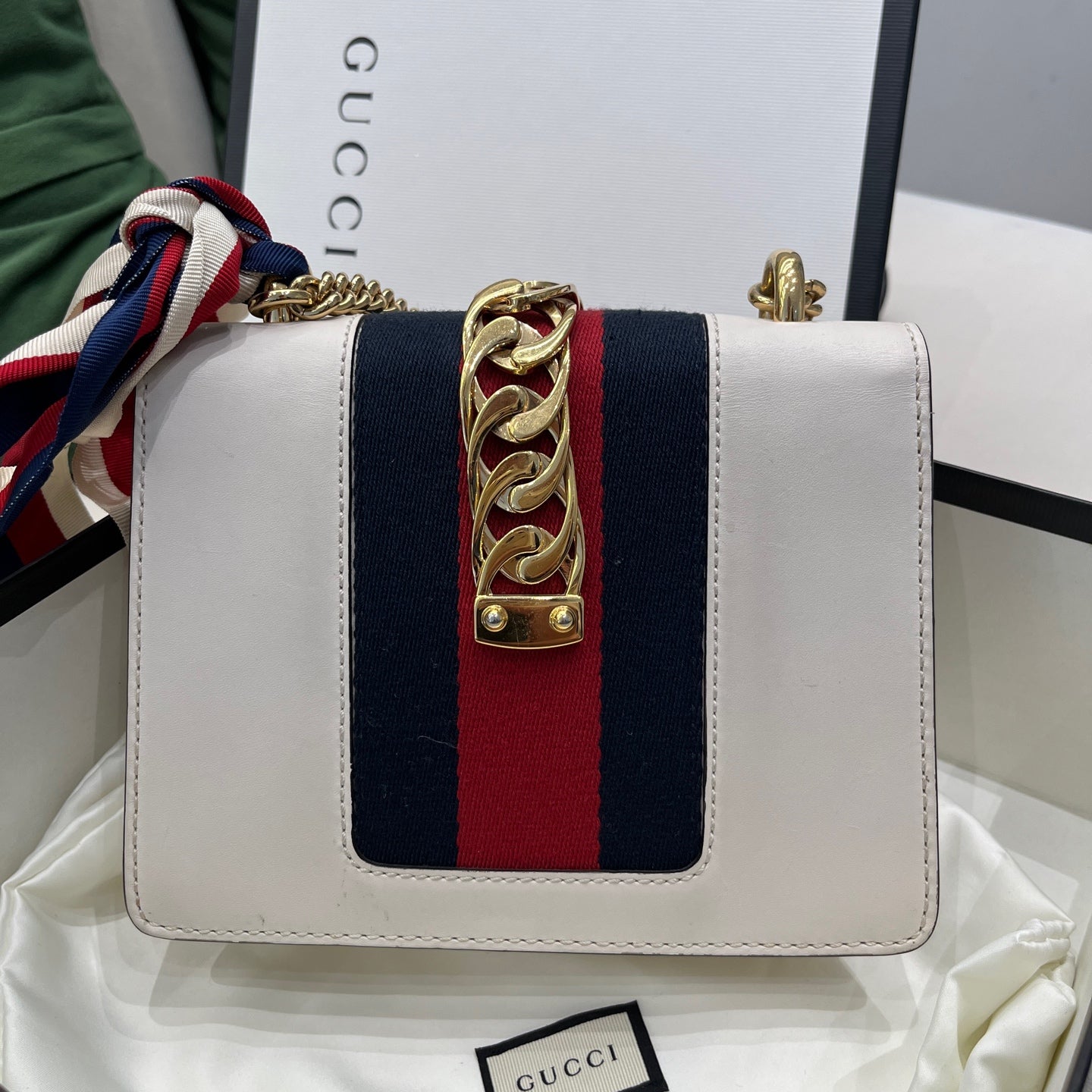 Gucci - Sylvie Small Shoulder Bag - Leather with Web stripe accent - White - (small)