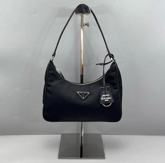 Prada - Re-Edition 2005 Hobo Bag - Re-Nylon with Saffiano leather trim - Black with Silver-Tone Hardware - (Mini)