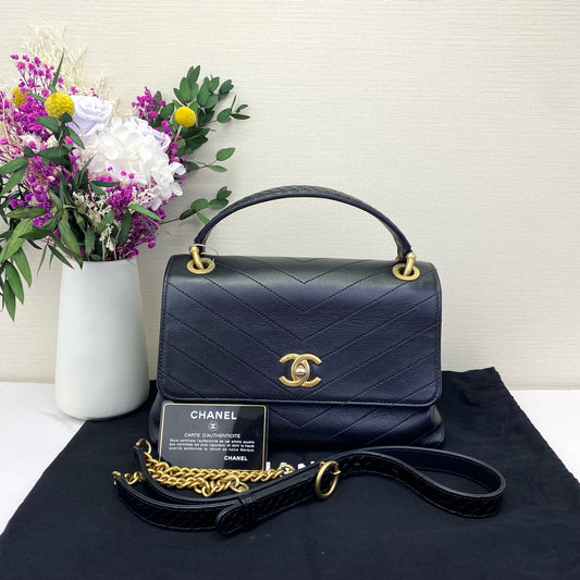 Chanel - Top Handle Bag - Grained leather with exotic leather (snake skin) accents - Black - (medium)