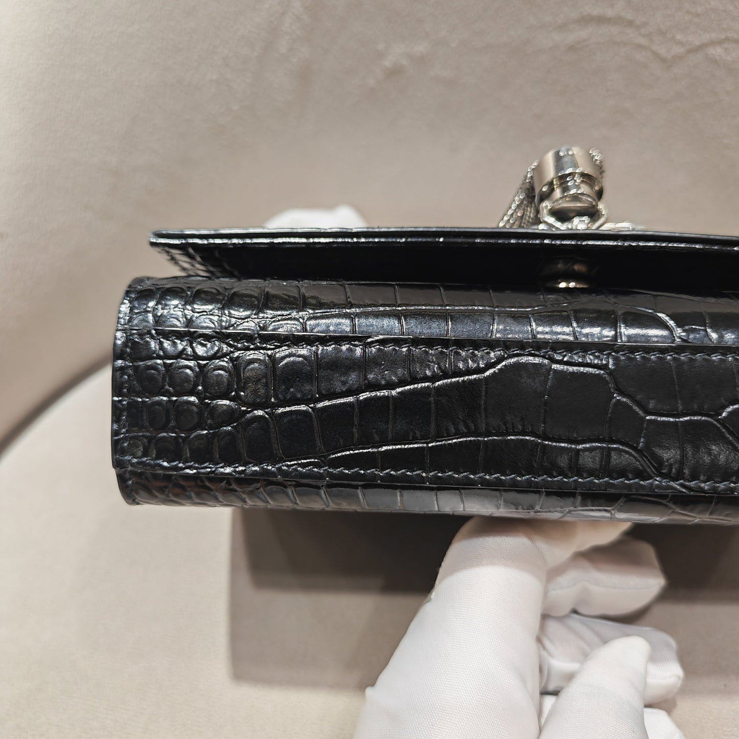 Saint Laurent - Kate Small Chain Bag with Tassel - Calfskin leather with crocodile embossing - Black - (small)