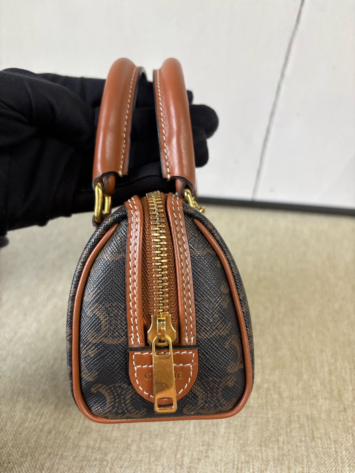Celine - Triomphe Mini Boston Bag - Triomphe coated canvas with calfskin leather trim - Brown - (mini)