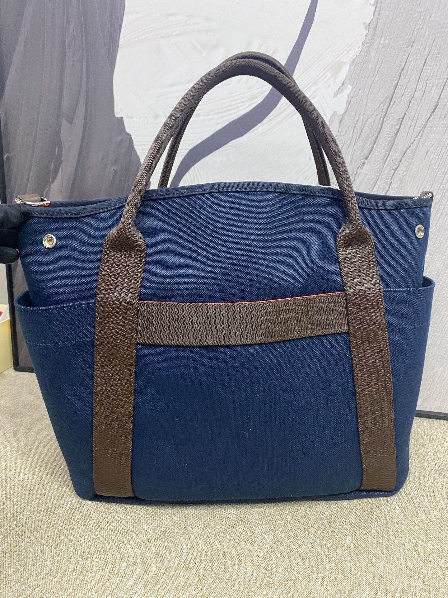 Hermès - Groom Canvas Equestrian Bag - Canvas and Leather - Dark Blue with Brown Accents and Orange Interior - (Large)