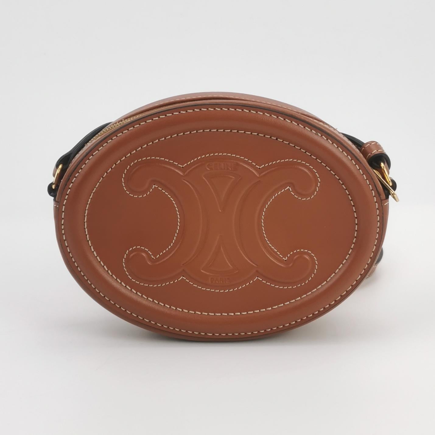 Celine - Triomphe Embossed Oval Bag - Cowhide leather - Brown - (mini)