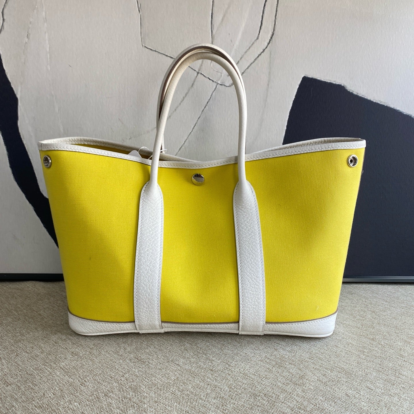 Hermès - Garden Party 30 - Canvas with Leather Trim - Lemon Yellow and White - (Medium)