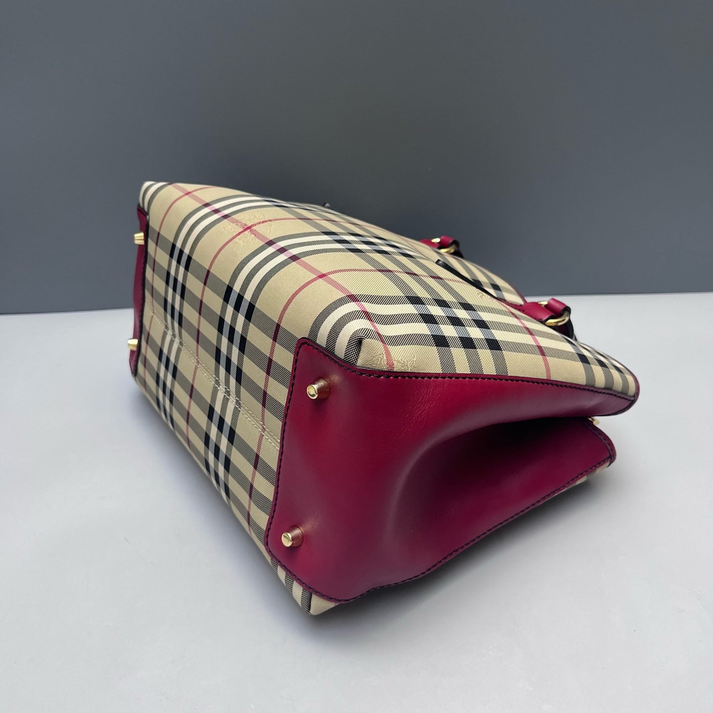 Burberry - Classic Check Tote Bag - Canvas and Leather - Beige with Burgundy Accents - (medium)