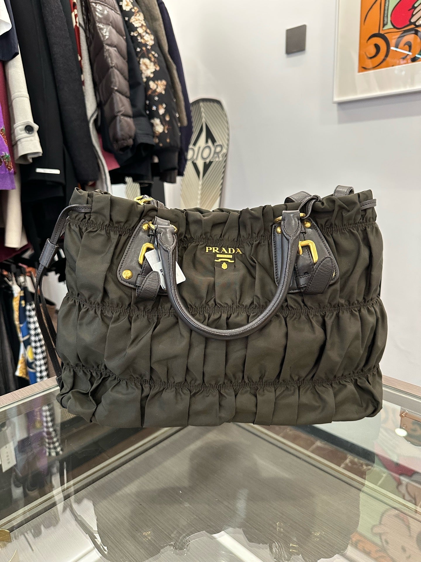 Prada - Gaufré Pleated Tote Bag - Polyamide with Leather trim - Military Green with Gold-Tone Hardware - (medium)
