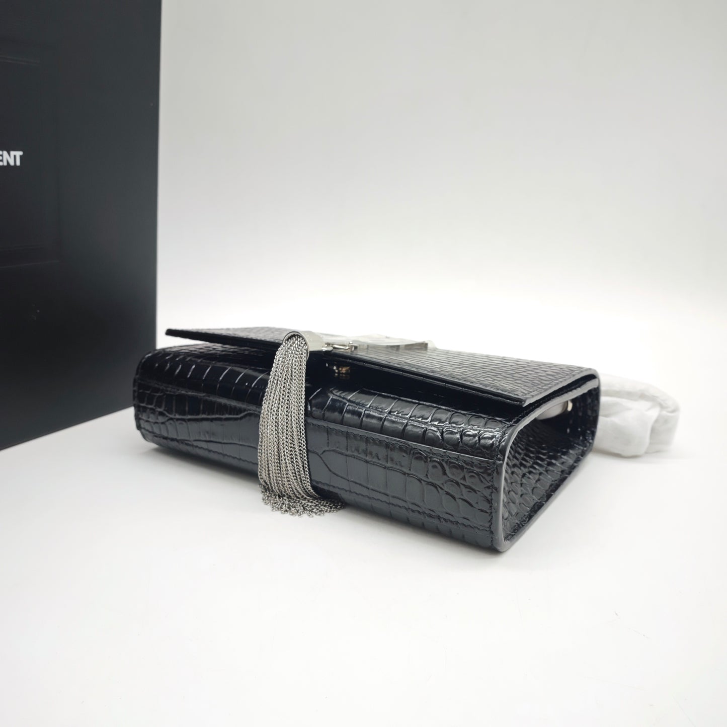 Saint Laurent - Kate Small Chain Bag with Tassel - Calfskin leather with crocodile embossing - Black - (small)