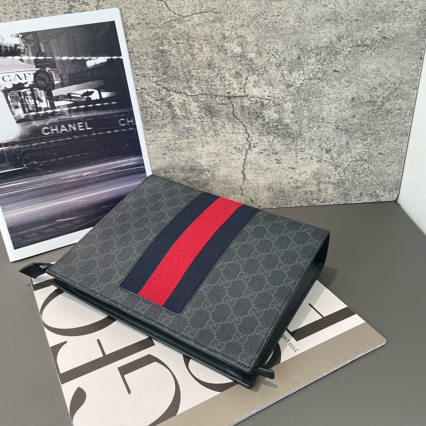 Gucci - GG Supreme Web Stripe Pouch - Coated canvas with leather trim and textile Web stripe - Grey with Red and Blue accents - (Medium)