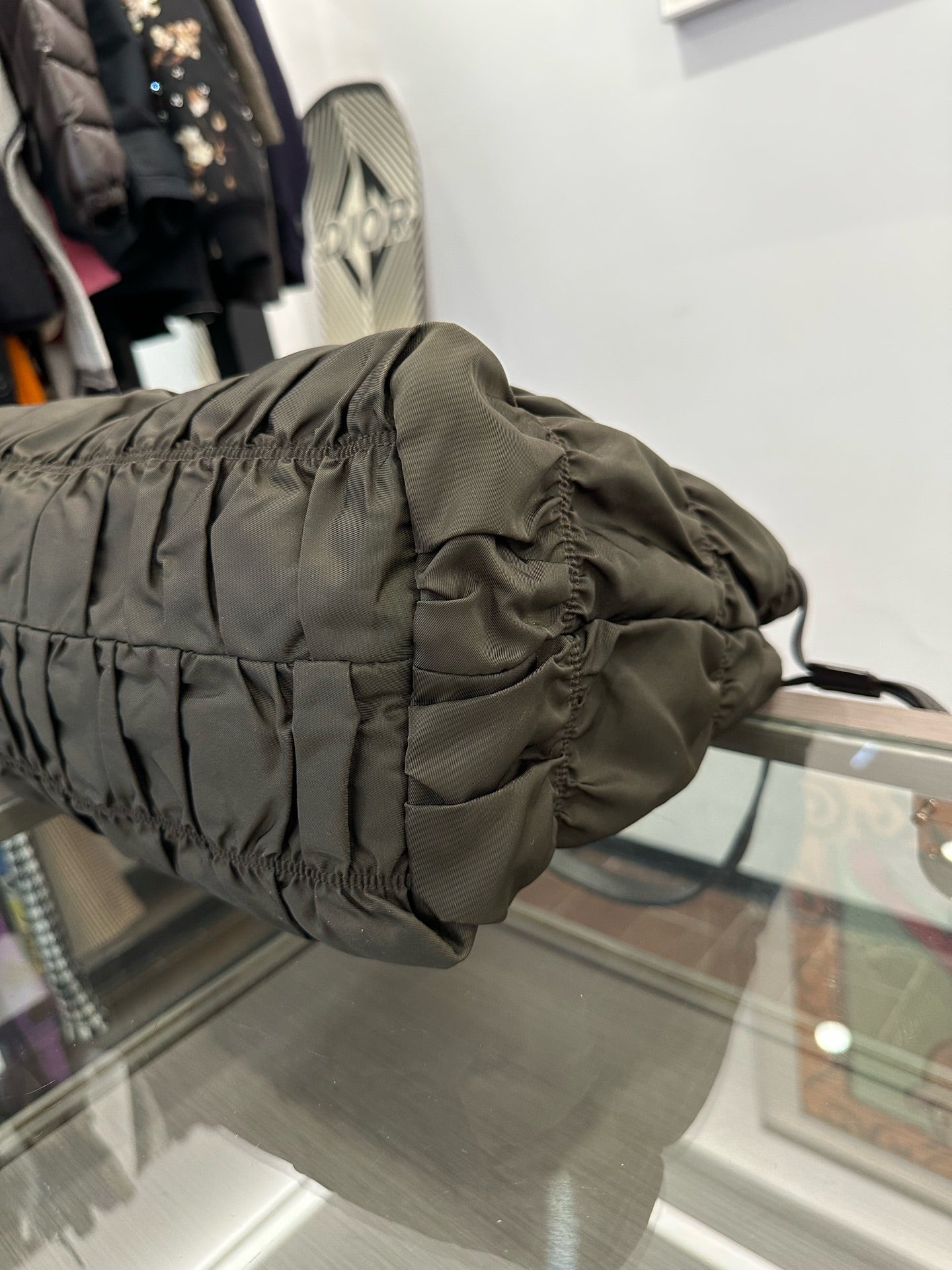 Prada - Gaufré Pleated Tote Bag - Polyamide with Leather trim - Military Green with Gold-Tone Hardware - (medium)