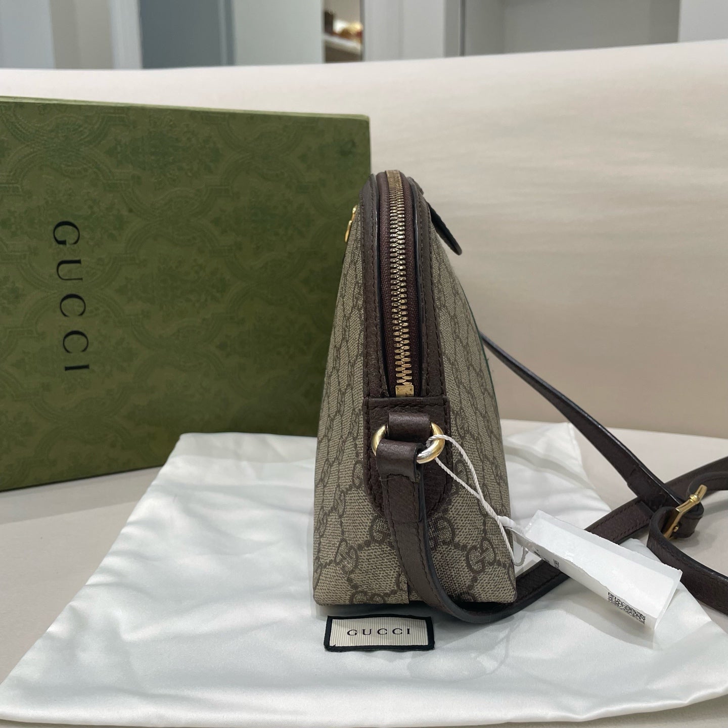 Gucci - Ophidia GG Small Shoulder Bag - GG Supreme canvas with leather trim - Beige and Ebony with Brown trim - (small)