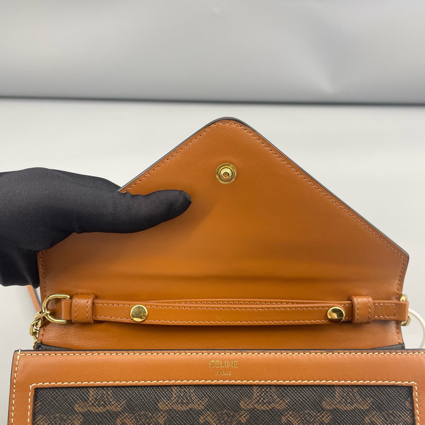 Celine - Triomphe WOC Envelope Chain Bag - Triomphe coated canvas with calfskin leather trim - Brown - (mini)