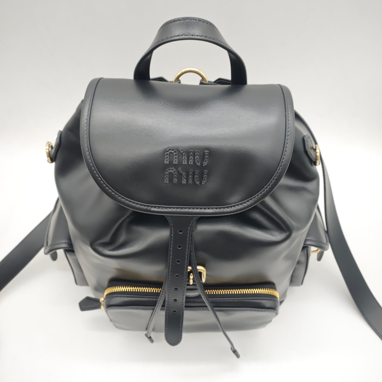 Miu Miu - Drawstring Flap Backpack - Leather - Black - (medium)