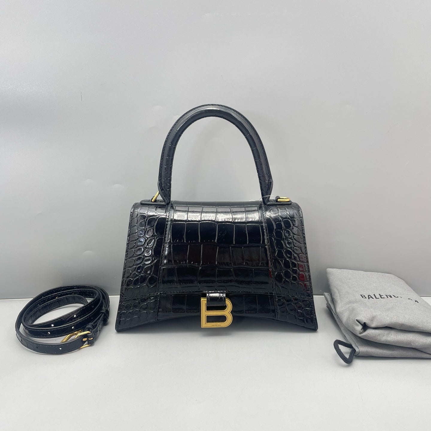 Balenciaga - Hourglass S Bag - Croc-embossed calfskin leather - Black - (Small)