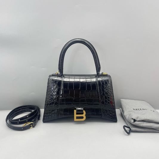 Balenciaga - Hourglass S Bag - Croc-embossed calfskin leather - Black - (Small)