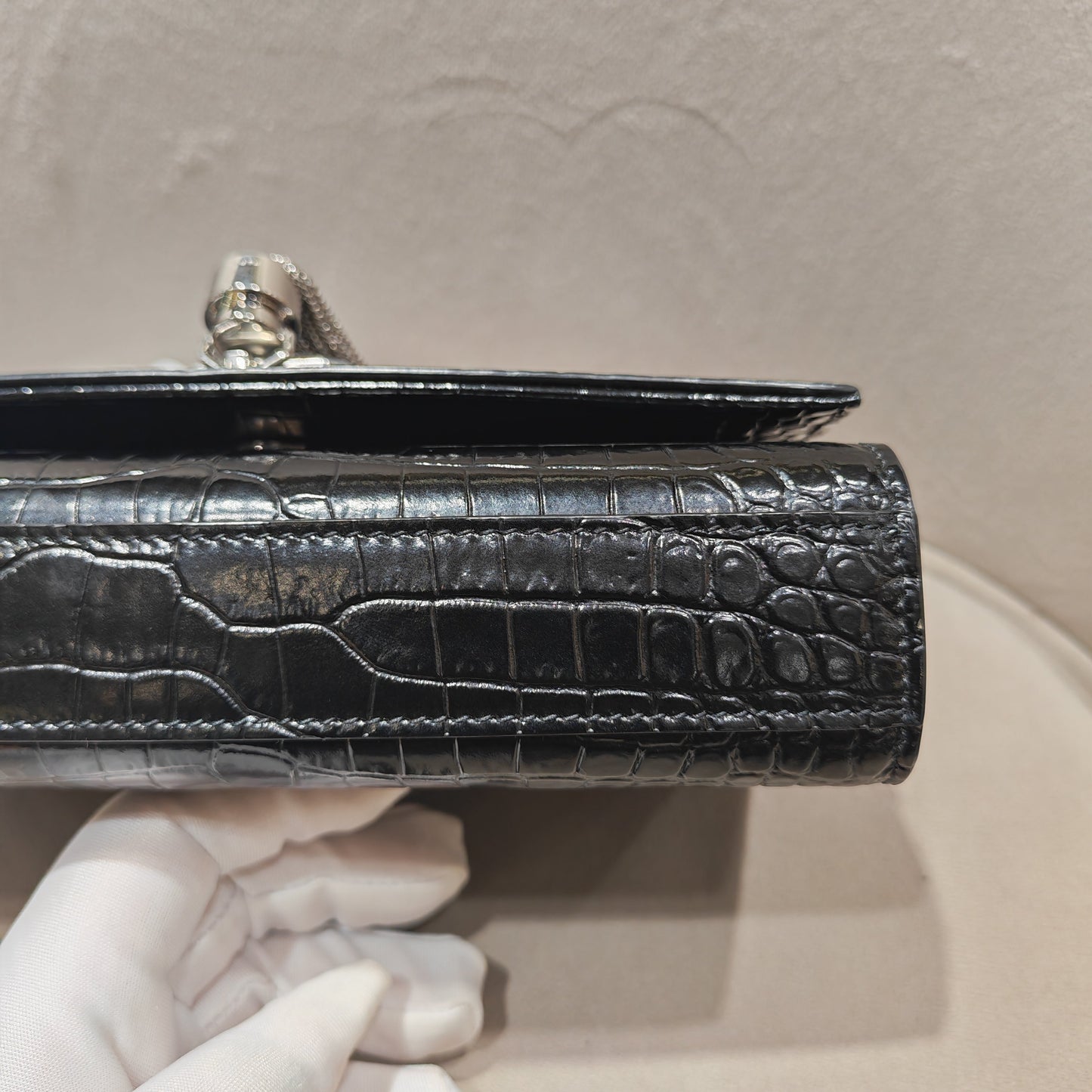 Saint Laurent - Kate Small Chain Bag with Tassel - Calfskin leather with crocodile embossing - Black - (small)