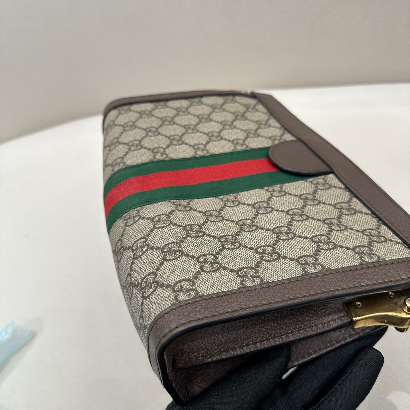 Gucci - Ophidia GG Supreme Pouch with Chain - GG Supreme canvas with leather trim - Beige/Ebony with Brown Leather and Gold-Tone Hardware - (small)