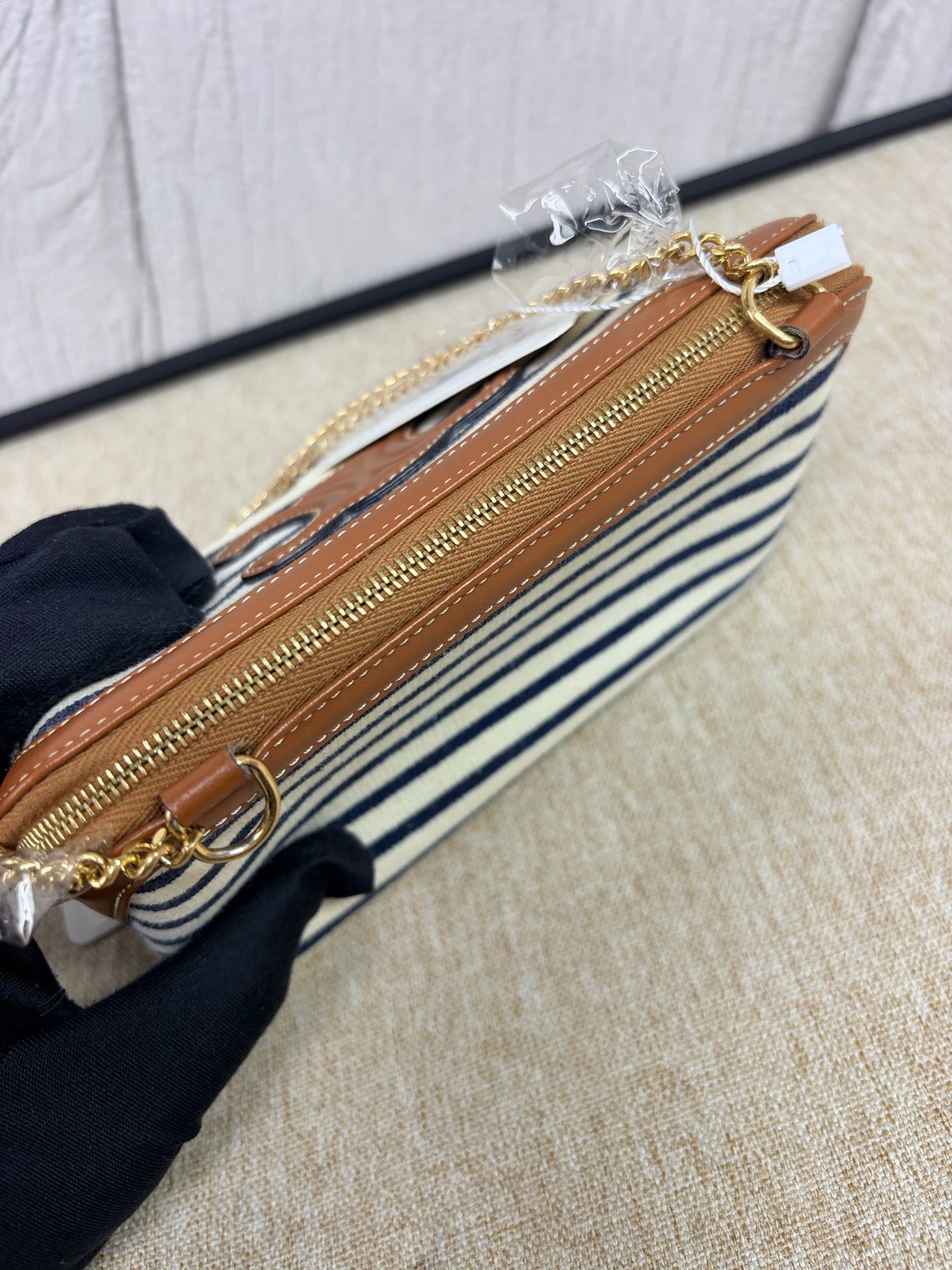 Celine - Triomphe Nautical Stripe Clutch on Chain - Canvas and Leather - Blue, White, Brown - (Mini)
