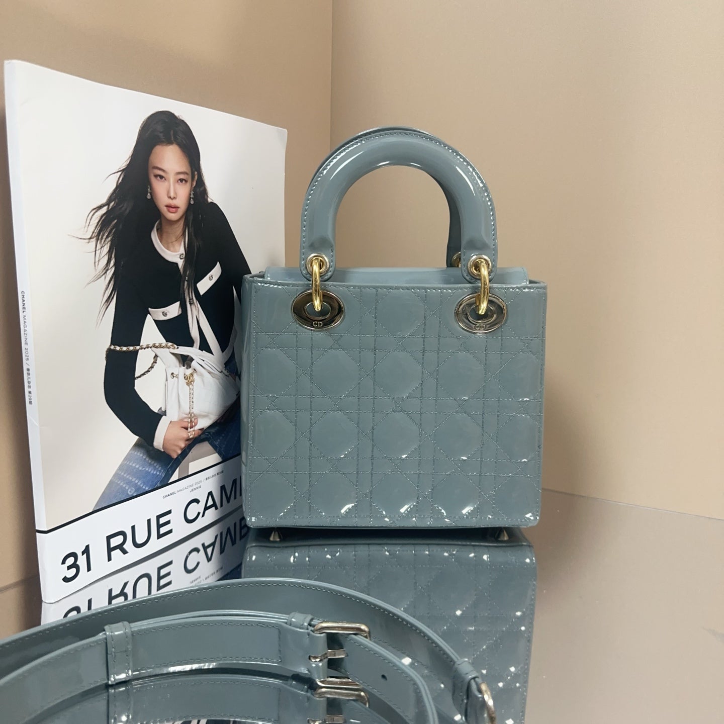 Dior - Lady Dior - Patent leather - Slate Blue with Gold-Tone Hardware - (small)