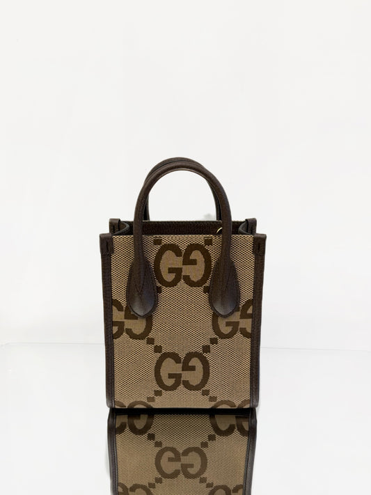 Gucci - Retro Monogram Large Logo Mini Vertical Tote 038 Black Label - Monogram canvas with pebbled leather trim - Brown - (mini)