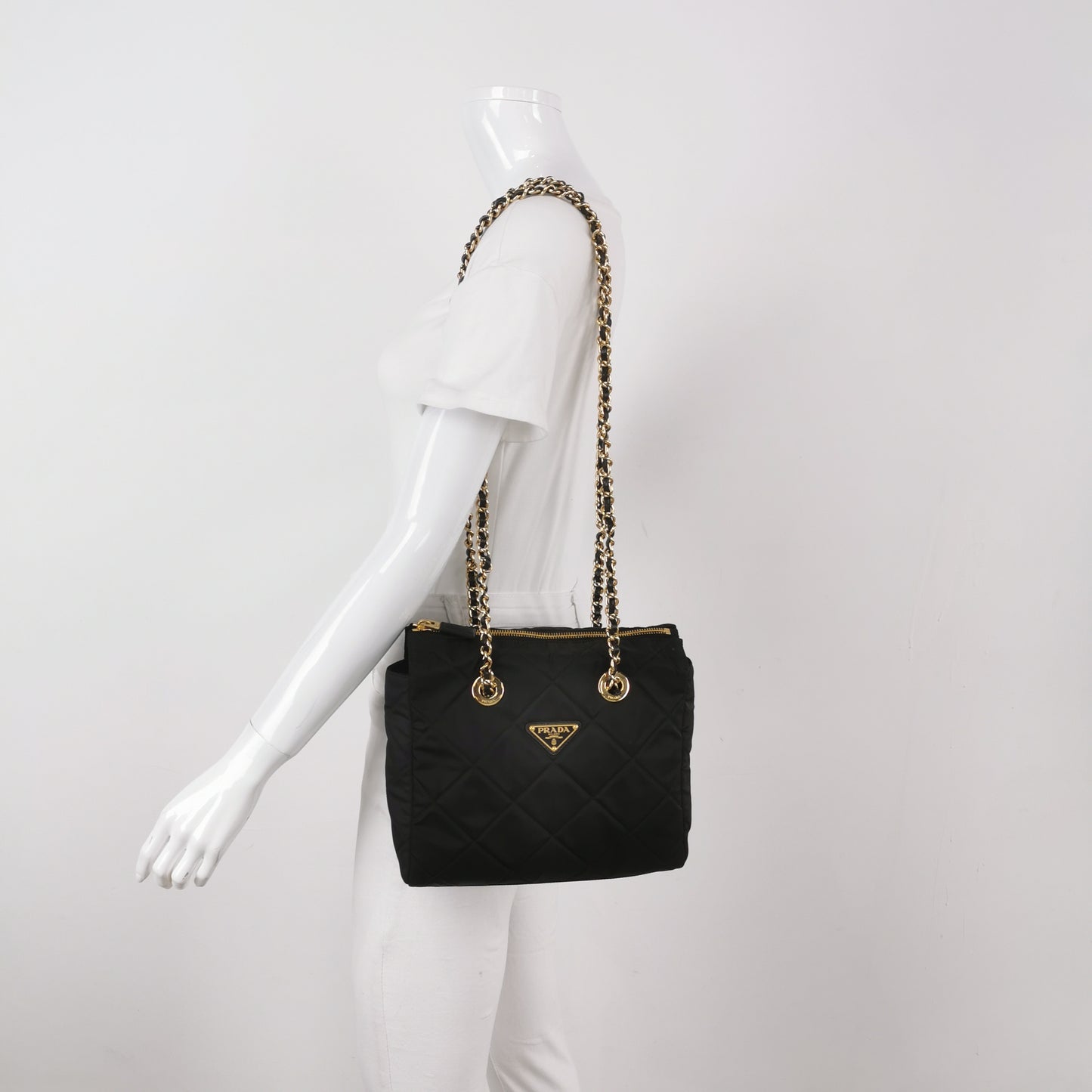Prada - Quilted Tessuto Chain Shoulder Bag - Quilted Tessuto nylon with Saffiano leather trim - Black - (Medium)